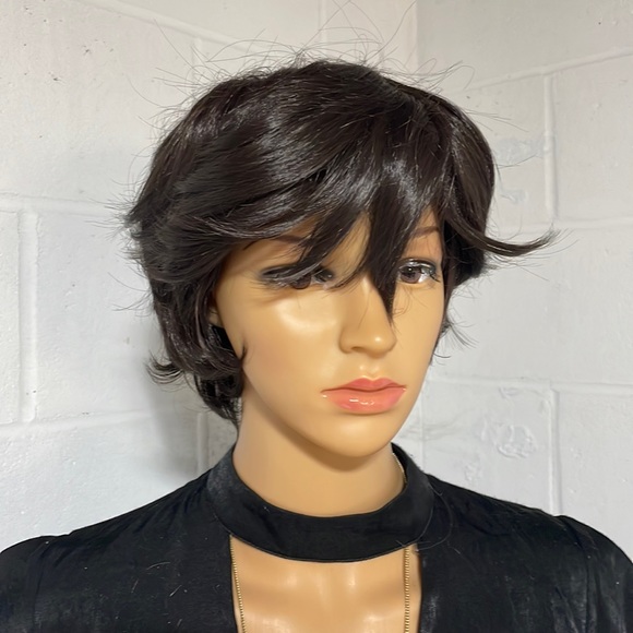 NWT 9” BROWNBLACK almost black darkest brown short side part natural unisex wig - Picture 7 of 16